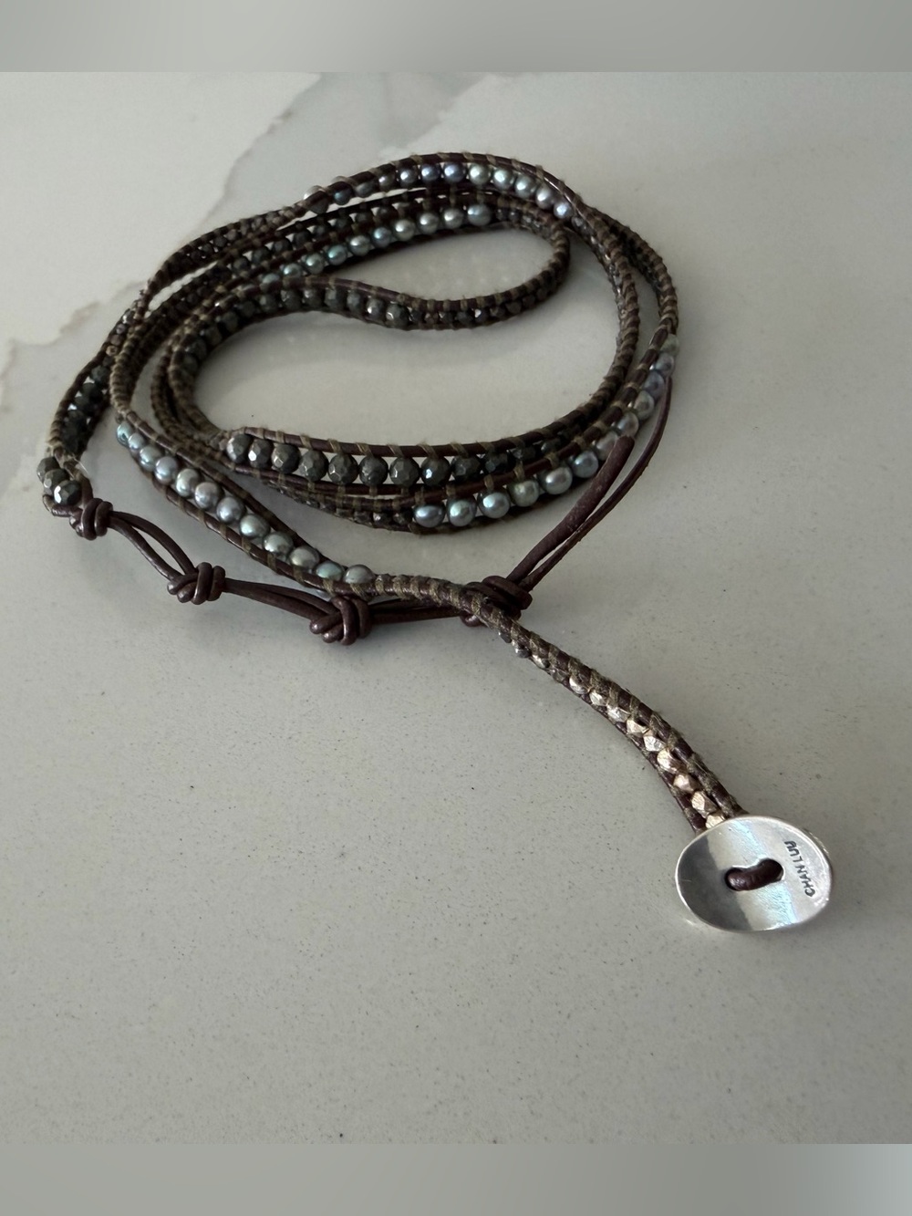 Chan Luu Brown Braided Leather Wrap with Blue Grey FWP & Faceted Pyrite 35” - Picture 9 of 13
